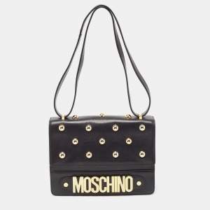 Moschino Black Leather Studded Logo Flap Crossbody Bag