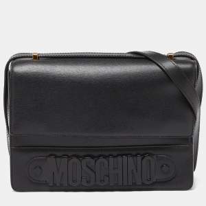 Moschino Black Leather Logo Flap Shoulder Bag