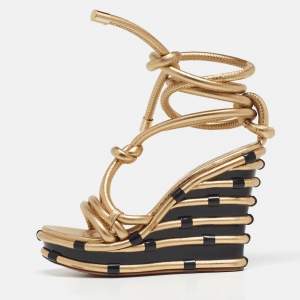Moschino Metallic Gold Leather Wedge Ankle Wrap Sandals Size 37.5