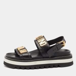 Moschino Black Leather Logo plaque Slingback Sandals Size 43