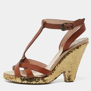 Moschino Brown Leather Sequin Embellished Ankle Strap Sandals Size 37