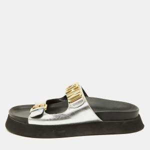 Moschino Silver Leather Logo Buckle Detail Chunky Slide Sandals Size 39