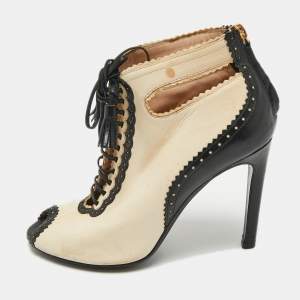 Pre Owned Moschino Beige/Black Leather Cutot Peep Toe Ankle Boots  Size 36