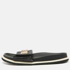 Pre Owned Moschino Size 44 Black Leather logo FLat Slides