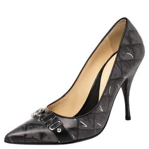 Moschino Grey/Black Leather Logo Embellished Pointed Toe Pumps Size 40