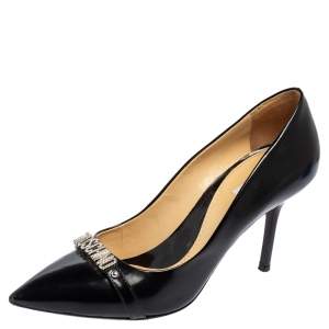 Moschino Black Leather Logo Crystal Embellished Pointed Toe Pumps Size 40