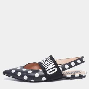 Moschino Black/White Polka Dot Leather and Logo Elastic Slingback Flats Size 39