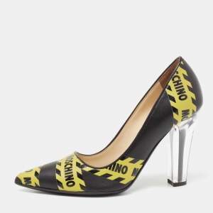 Moschino Black/Yellow Leather Caution Print Pumps Size 36
