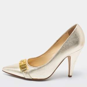 Moschino Metallic Gold Leather Logo Embellished Pointed Toe Pumps Size 36