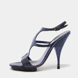 Moschino Blue/Black Python Leather Ankle Strap Sandals Size 37.5