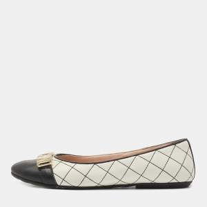 Pre Owned Moschino Black/White Leather Logo Embellished Ballet Flats Size 37 