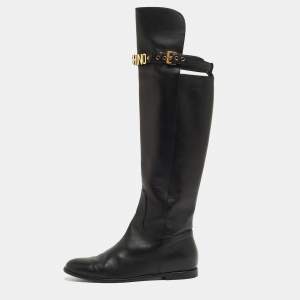Moschino Black Leather Logo Knee Length Boots Size 37.5