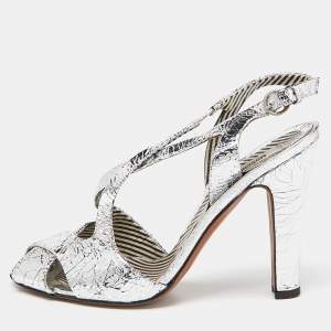 Moschino Silver Crinkled Leather Slingback Sandals Size 38