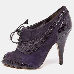 Moschino Purple Suede and Textured Leather Lace Up Peep Toe Ankle Booties Size 37.5