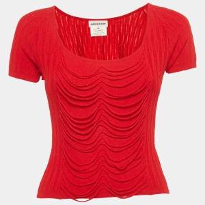 Pre Owned Mugler Red Rib Knit Short Sleeve Top M