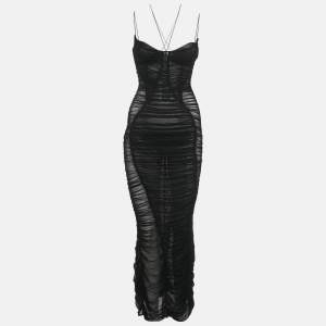 Pre Owned MUGLER Black Mesh Ruched Bodycon Dress S