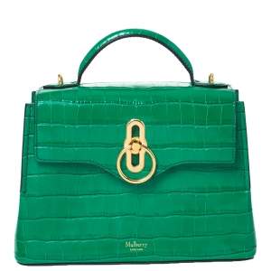 Mulberry Green Croc Embossed Leather Mini Seaton Top Handle Bag