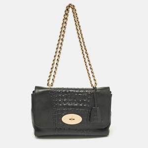 Mulberry Black Croc Embossed Leather and Leather Medium Lily Shoulder Bag