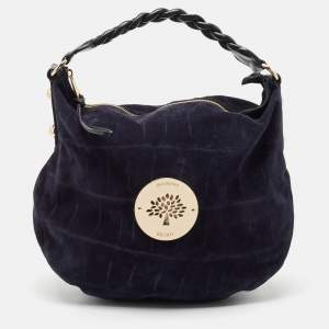 Mulberry Navy Blue Leather and Croc Embossed Suede Daria Hobo