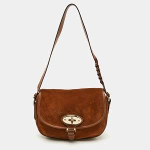 Mulberry Brown Suede and Leather Braided Accent Flap Crossbody Bag