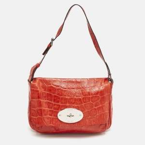 Mulberry Red Croc Embossed Leather Bayswater Flap Shoulder Bag