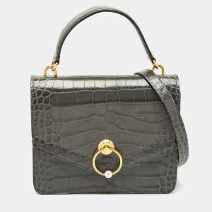 Mulberry Grey Croc Embossed Leather Medium Harlow Top Handle Bag