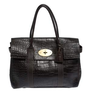 Pre Owned Mulberry Dark Brown Croc Embossed Leather Bayswater Satchel