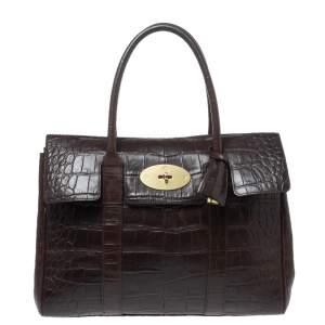 Pre Owned Mulberry Dark Brown Croc Embossed Leather Bayswater Satchel