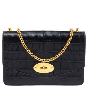 Pre Owned Mulberry Black Croc Embossed Leather Small Darley Crossbody Bag