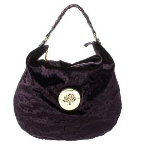 Pre Owned Mulberry Dark Plum Ostrich Embossed Velvet Daria Hobo