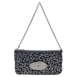 Pre Owned Mulberry Navy Blue/Silver Printed Suede Chain Wristlet Clutch