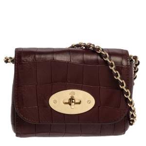 Pre Owned Mulberry Burgundy Crocodile Embossed Leather Mini Lily Shoulder Bag