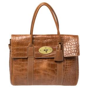 Pre Owned Mulberry Brown Croc Embossed Leather Bayswater Satchel