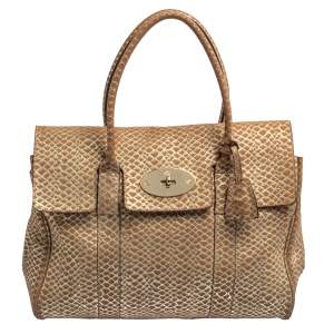Mulberry Brown/Gold Snakeskin Effect Suede Bayswater Satchel