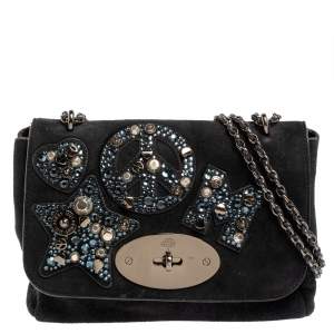 Pre Owned Mulberry Midnight Blue Suede Small Lily Embellished Shoulder Bag