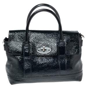 Mulberry Navy Blue Wrinkled Patent Leather Small Bayswater Satchel