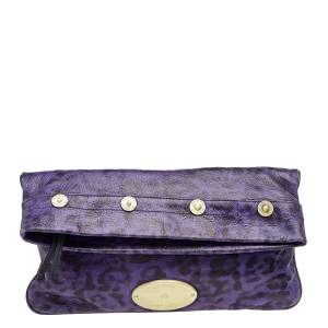 Pre Owned Mulberry Purple Animal Print Leather Mitzy Clutch 