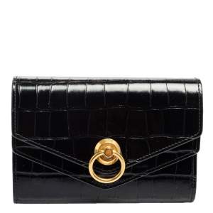 Mulberry Black Croc Embossed Glazed Leather Harlow Compact Wallet