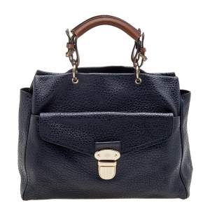 Pre Owned Mulberry Navy Blue/Brown Grained Leather Polly Push Lock Satchel