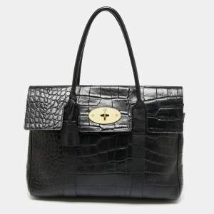 Mulberry Black Croc Embossed Leather Bayswater Satchel