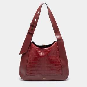 Mulberry Burgundy Croc Embossed Leather Marloes Hobo   
