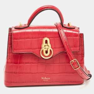 Mulberry Dark Pink Croc Embossed Leather Micro Seaton Top Handle Bag