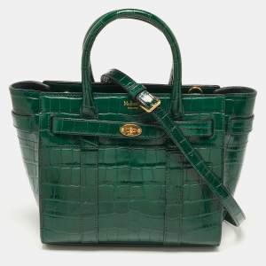 Mulberry Green Croc Embossed Leather Mini Zipped Bayswater Tote