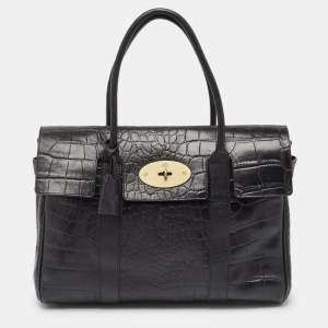 Mulberry Black Croc Embossed Leather Bayswater Satchel
