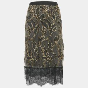 Pre Owned Munthe Black/Gold Leaf Embroidered Lace Mini Skirt M