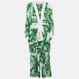 Mystique Beach Green/White Leaf Print Kimono and Samui Pants Set S