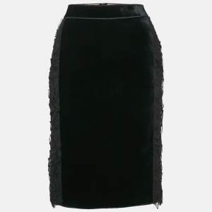Nº21 Black Silk and Velvet Ruffled Pencil Skirt M
