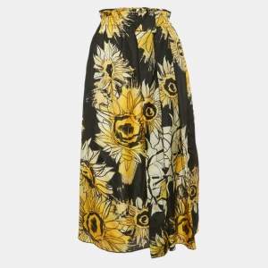 Nº21 Black Sunflower Print Silk Ruffled Midi Skirt M