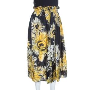 N21 Black and Yellow Sunflower Printed Silk Asymmetric Pleat Detail Midi Skirt M
