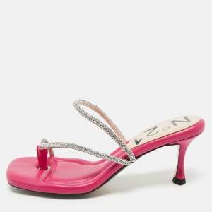 Nº21 Fuchsia Leather Crystal Embellished Thong Sandals Size 38